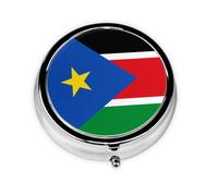 Pastillero redondo con la bandera de Sudán del Sur, ligero y portátil, con 3 insertos de plástico, adecuado para llevar en bolsillos o carteras.