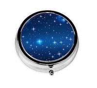 Pastillero redondo con patrón de estrella azul, organizador redondo de 3 compartimentos y pastillero de viaje portátil para viajes.