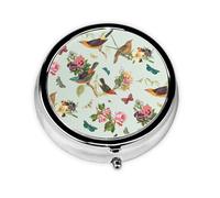 Pastillero redondo con patrón de pájaro, bonito pastillero pequeño, mini pastillero, pastillero redondo de metal, pastillero de viaje