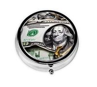 Pastillero redondo con patrones de billetes. Organizador portátil de medicamentos diario, diseño fácil de transportar.