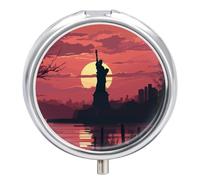 Pastillero redondo con silueta de la Estatua de la Libertad, pastillero portátil, organizador de vitaminas para bolsillo