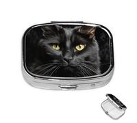 Pastillero redondo de 3 compartimentos, organizador de pastillas de gato negro sobre un fondo negro, caja organizadora de medicamentos impermeable para viajes, contenedor de medicamentos para