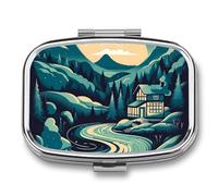 Pastillero redondo de 3 compartimentos, organizador de pastillas, ilustración de paisaje, pastillero de metal, impermeable, organizador de medicamentos para viajes, contenedor de almacenamiento para