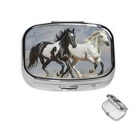 Pastillero redondo de 3 compartimentos, organizador de pastillas para caballos blancos y negros, pastillero de metal, impermeable, organizador de medicamentos para viajes, contenedor de almacenamiento