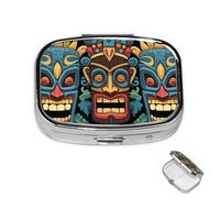 Pastillero redondo de 3 compartimentos, organizador de píldoras colorido con patrón de máscara Tiki, caja organizadora de medicamentos de metal, impermeable, para viajes, contenedor de medicamentos