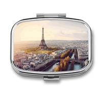 Pastillero redondo de 3 compartimentos para organizar la vista aérea de París, pastillero de metal impermeable, organizador de medicamentos para pastillas, contenedor de almacenamiento para