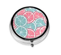 Pastillero redondo de cítricos rosa y azul, organizador redondo de 3 compartimentos y pastillero de viaje portátil para viajes.