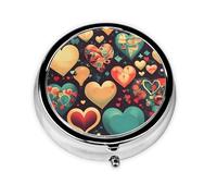 Pastillero redondo de corazones coloridos, ligero y portátil, con 3 insertos de plástico, adecuado para llevar en bolsillos o carteras.