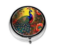 Pastillero redondo de flores de pavo real, organizador redondo de 3 compartimentos, pastillero de viaje portátil para viajes.