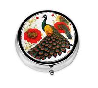 Pastillero redondo de flores rojas de pavo real, ligero y portátil, con 3 insertos de plástico, adecuado para llevar en bolsillos o carteras.