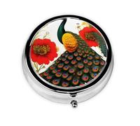 Pastillero redondo de flores rojas de pavo real, organizador redondo de 3 compartimentos y pastillero de viaje portátil para viajes.