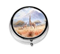 Pastillero redondo de jirafa de sabana africana, ligero y portátil, con 3 insertos de plástico, adecuado para llevar en bolsillos o carteras.