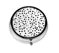 Pastillero redondo de lunares blancos y negros. Organizador portátil de medicamentos diario, diseño fácil de transportar.