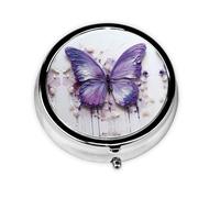Pastillero redondo de mariposa con pintura al óleo morada, ligero y portátil, con 3 insertos de plástico, adecuado para llevar en bolsillos o carteras.