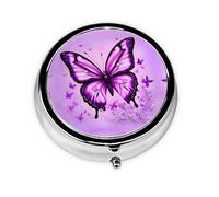 Pastillero redondo de mariposa morada, ligero y portátil, con 3 insertos de plástico, adecuado para llevar en bolsillos o carteras.