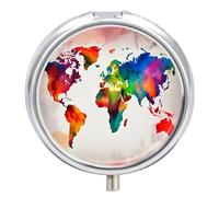 Pastillero redondo de metal con 3 compartimentos, portátil, colorido, mapamundi, organizador de pastillas, pastillero de viaje para monedero, bonito soporte para pastillas para vitaminas,