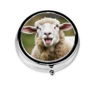 Pastillero redondo de metal con 3 compartimentos, portátil, con diseño de lengua de oveja traviesa, lindo pastillero para bolsillo, oficina, viajes