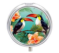 Pastillero redondo de metal con 3 compartimentos, portátil, diseño de flores tropicales, pájaros, pastillero de viaje para bolso de bolsillo, bonito soporte para píldoras para vitaminas, medicamentos,