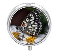 Pastillero redondo de metal con 3 compartimentos, portátil, mariposa en una flor, organizador de pastillas de viaje para bolso de bolsillo, bonito soporte para píldoras para vitaminas, medicamentos,
