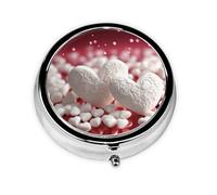 Pastillero redondo de metal con estampado de corazones blancos con 3 compartimentos, organizador portátil de píldoras, bonito contenedor para bolsillo, oficina, viajes