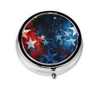 Pastillero redondo de metal con estampado de estrellas, carmesí y azul, con 3 compartimentos, portátil, organizador de píldoras, bonito contenedor para bolsillo, oficina, viajes