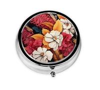 Pastillero redondo de metal con estampado de flores y hojas, con 3 compartimentos, portátil, organizador de píldoras, bonito contenedor para bolsillo, oficina, viajes