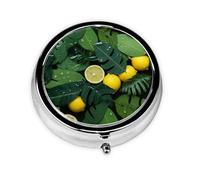 Pastillero redondo de metal con estampado de hojas tropicales y limón tropical, con 3 compartimentos, portátil, organizador de píldoras, bonito contenedor para bolsillo, oficina, viajes