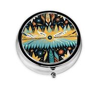 Pastillero redondo de metal con estampado de luna, sol y plumas, con 3 compartimentos, portátil, organizador de píldoras, bonito contenedor para bolsillo, oficina, viajes