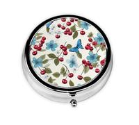 Pastillero redondo de metal con estampado de mariposa cereza y azul con 3 compartimentos, organizador portátil de píldoras, bonito pastillero para bolsillo, oficina, viajes