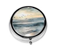 Pastillero redondo de metal con estampado de olas en la playa con pájaros marinos con 3 compartimentos, organizador portátil de píldoras, bonito pastillero para bolsillo, oficina, viajes