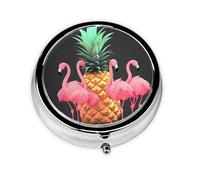 Pastillero redondo de metal con estampado de piña y flamencos con 3 compartimentos, organizador portátil para píldoras, bonito contenedor para bolsillo, oficina, viajes