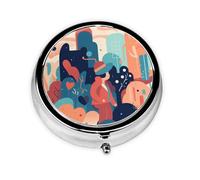 Pastillero redondo de metal con impresión de ilustración de estilo plano, con 3 compartimentos, organizador portátil de píldoras, bonito contenedor de pastillas para bolsillo, oficina, viajes