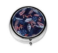 Pastillero redondo de pájaro azul y naranja, bonito pastillero pequeño, mini pastillero, pastillero redondo de metal, pastillero de viaje