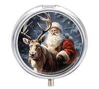 Pastillero redondo de Papá Noel y alce de ciervo para bolso, organizador de píldoras de medicina de 3 compartimentos, pastillero portátil de viaje, pastillero pequeño de metal para guardar vitaminas