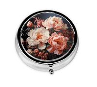 Pastillero redondo de peonías blancas brillantes, ligero y portátil, con 3 insertos de plástico, adecuado para llevar en bolsillos o carteras.
