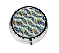 Pastillero redondo de plumas de pavo real, bonito pastillero pequeño, mini pastillero, pastillero redondo de metal, pastillero de viaje