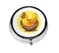 Pastillero redondo de pollo dorado con diseño de nido de pájaro. Organizador de medicamentos diario portátil, diseño fácil de transportar.