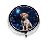 Pastillero redondo de rosa azul cachorro. Organizador portátil de medicamentos diario, diseño fácil de transportar.