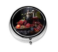 Pastillero redondo de uvas y vino, ligero y portátil, con 3 insertos de plástico, adecuado para llevar en bolsillos o carteras.