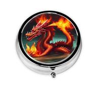 Pastillero redondo Dragon King in Fire, ligero y portátil, con 3 insertos de plástico, adecuado para llevar en bolsillos o carteras.