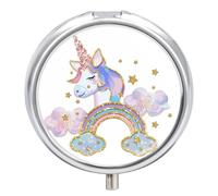 Pastillero Redondo Estrellas Nubes Arcoiris Unicornio Pastillero Con 3 Rejillas, Con Espejo, Portátil, A De Humedad, Distribuidor De Metal, Caja De Almacenamiento, Regalo Único