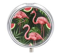 Pastillero Redondo Flamingo Bird Sandía Rebanada Y Hojas Tropicales Pastillero Portátil Organizador Vitaminas Contenedor Con 3 Compartimentos