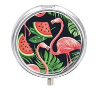 Pastillero Redondo Flamingo Bird Sandía Rebanada Y Hojas Tropicales Pastillero Portátil Organizador Vitaminas Contenedor Con 3 Compartimentos