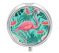 Pastillero Redondo Flamingo Rebanada De Sandía Y Hojas Tropicales Pastillero Portátil Organizador Vitaminas Contenedor Con 3 Compartimentos