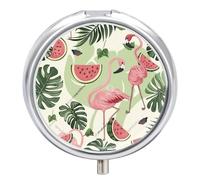 Pastillero Redondo Flamingo Rebanada De Sandía Y Hojas Tropicales Pastillero Portátil Organizador Vitaminas Contenedor Con 3 Compartimentos