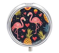 Pastillero Redondo Flamingo Y Piña Corazón Hojas Patrón Pastillero Portátil Organizador Vitaminas Contenedor Con 3 Compartimentos