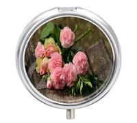 Pastillero Redondo Flores Rosas Rosadas Pastillero Con 3 Rejillas, Con Espejo, Portátil, A De Humedad, Distribuidor De Metal, Caja De Almacenamiento, Regalo Único