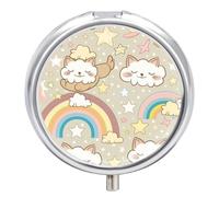 Pastillero Redondo Gato Arco Iris Estrellas Nubes Pastillero Portátil Organizador Vitaminas Contenedor Con 3 Compartimentos