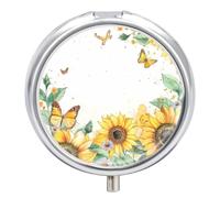 Pastillero Redondo Girasoles Florales Mariposa Pastillero Portátil Organizador Vitaminas Contenedor Con 3 Compartimentos