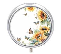 Pastillero Redondo Girasoles Florales Mariposa Pastillero Portátil Organizador Vitaminas Contenedor Con 3 Compartimentos